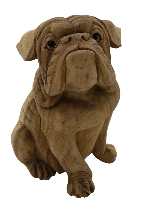 Bulldog i træ H: 30 cm. Træfigur af en engelsk bulldog hund der sidder ned, håndlavet i træ fra Bali