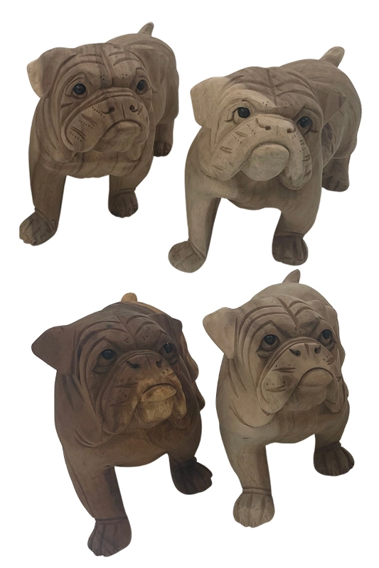 Træfigurer af engelsk bulldog lavet i træ fra Bali.